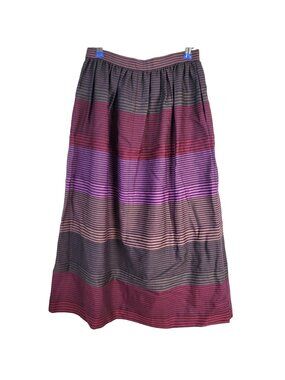 Vintage 70s Stripe Midi Skirt Women Medium Black Purple 8 10 Work Party Winter M